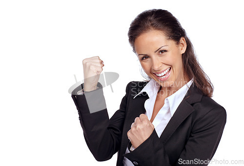 Image of Business woman, success with fist and achievement in career, winner portrait and champion isolated on white background. Yes, corporate employee goals and mindset with fist pump and happy woman