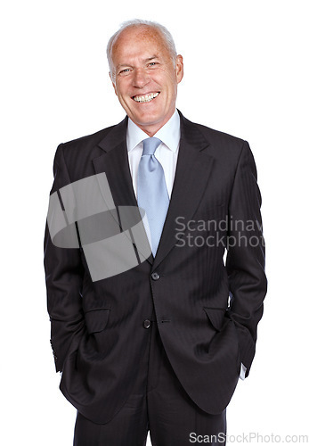 Image of Portrait, business and senior man with smile, leadership and confident ceo isolated on white studio background. Male employee, entrepreneur and leader with happiness, marketing manager and corporate