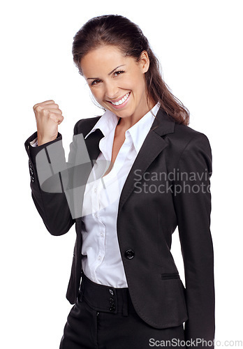 Image of Business woman, success in portrait with achievement in career, winner and champion isolated on white background. Yes, corporate employee goals and mindset with fist pump and happy woman celebrate