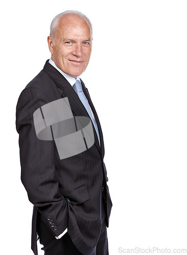 Image of Studio portrait, senior businessman and smile for success, goals or vision by white background. Elderly corporate leader, happy and isolated for focus, leadership or motivation with professional suit