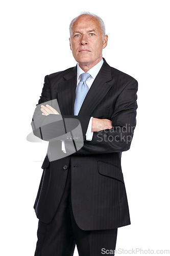 Image of Portrait, business and man with crossed arms in studio with a luxury, classy and stylish suit. Serious, leadership and senior male model with corporate and elegant outfit isolated by white background