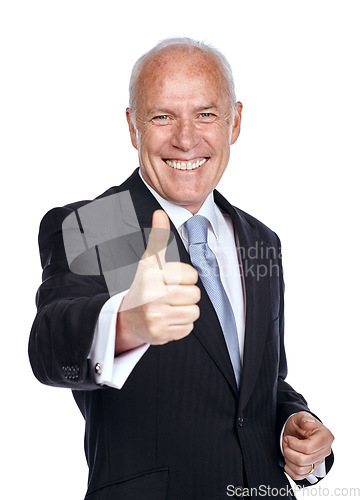 Image of Businessman, ceo and success portrait with thumbs up for career victory with excited smile for achievement. Happy, winner and senior corporate worker with yes gesture on isolated white background