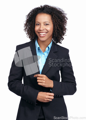 Image of Corporate black woman, studio portrait and smile with success, vision and focus by white background. Isolated woman, business leader and professional with happiness, goal and dream career with suit