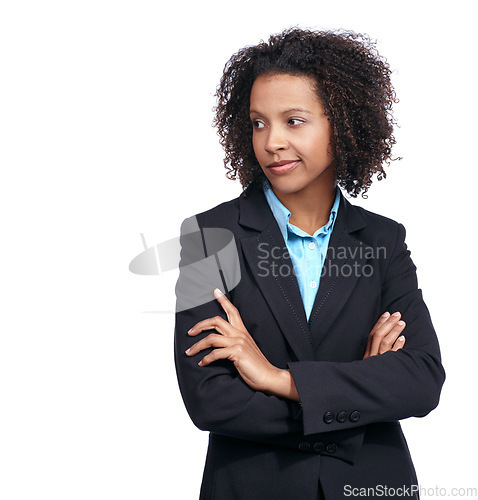 Image of Black woman, thinking and business in studio with arms crossed, suit or idea by white background. Corporate leader woman, focus or job with strategy, mission or motivation for success, goal or career
