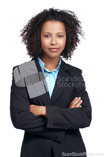 Image of Black woman, business studio portrait and arms crossed, vision and suit by white background. Corporate leader woman, focus and proud with smile, strategy or mission for motivation, success and goals