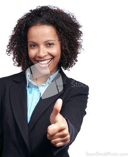 Image of Corporate black woman, thumbs up and studio portrait with smile, yes and focus by white background. Happy isolated woman, business leader and hand sign for goal, agreement and suit in dream career