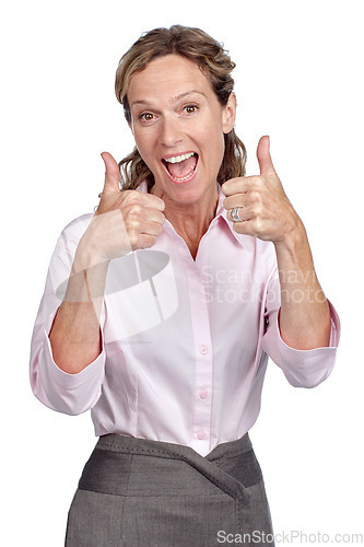 Image of Business woman and success portrait with thumbs up for career victory with excited smile for achievement. Happy, winner and corporate worker with yes and approval gesture on isolated white background