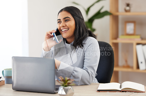 Image of Phone call communication, laptop and woman talking, networking chat and working for ecommerce business. Secretary receptionist, notebook or event planner with mobile planning corporate company event