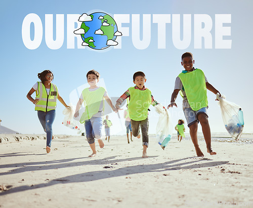 Image of Running children, climate change or beach clean up in ocean waste management, sea recycling or nature sustainability. Smile, happy or fun kids in global warming teamwork or community service activity