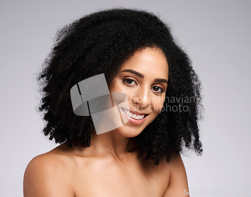 Image of Wellness, beauty and portrait of black woman in studio for skincare, healthy skin and spa aesthetic. Dermatology, makeup and face of happy girl for cosmetics, beauty products and facial treatment