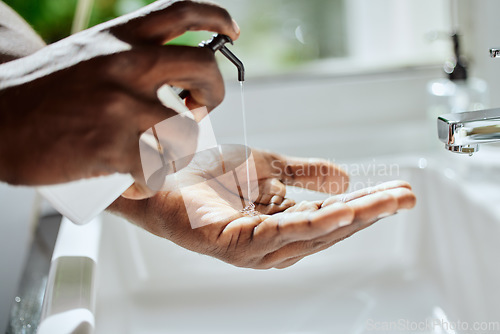 Image of Black man, home bathroom or washing hands with soap for healthcare wellness, hygiene maintenance grooming or house self care. Zoom, cleaning product or sink tap skincare for bacteria safety routine