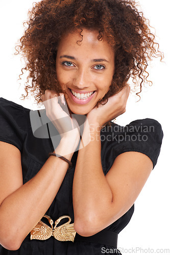 Image of Hair, afro and fashion portrait of black woman with skincare glow, luxury cosmetics beauty and natural makeup. Brazil girl, designer clothes and face of model isolated on white studio background