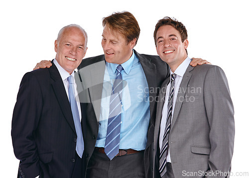 Image of Businessman, group and studio embrace with smile, vision and collaboration by white background. Isolated corporate team, man and friends in company, teamwork and hug for success, goals and mission