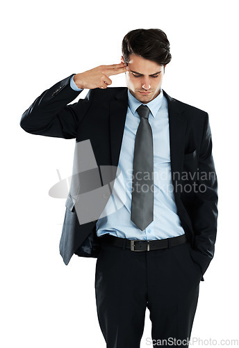 Image of Depression, stress and businessman with finger gun to the head in studio against white background. Anxiety, suicide and young entrepreneur suffering mental breakdown after business fail and isolated