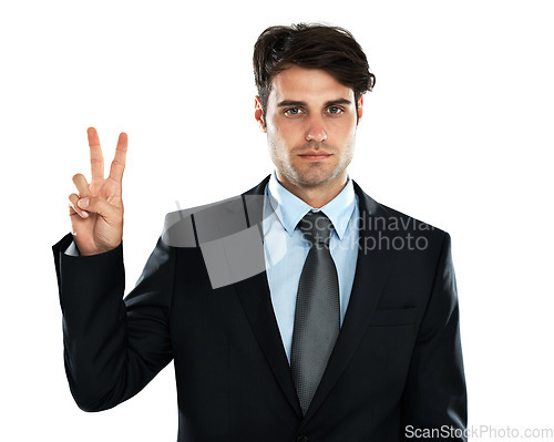 Image of Hand sign, peace and businessman with ambition in studio for vision, mindset and white background. Peace sign, emoji and young entrepreneur serious about startup, idea and career goal while isolated