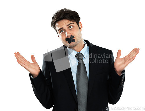 Image of Business man, censored mouth and shrug in a suit for employee professional work. White background, corporate worker and silence of cross on lips of a businessman with a secret isolated and standing