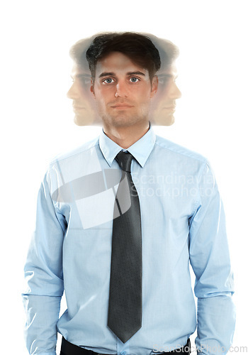 Image of Stress, portrait and man in studio for mental health problem, bipolar and fear on white background. Anxiety, face and businessman suffering burnout, pressure and distress, mind and crisis or isolated