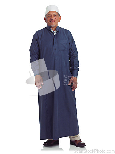 Image of Muslim, happy man and studio portrait of islamic culture isolated on white background of religion, arabic clothes or faith. Senior moslem guy, trust in god and spiritual worship of ramadan or fasting