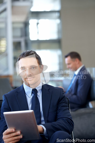 Image of Tablet, Portrait or business man with smile in airport lobby for invest strategy, finance growth or financial success. CEO, travel or manager on tech planning, social media or network blog networking