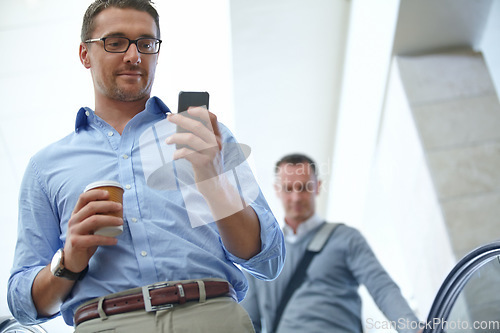 Image of Travel, corporate or businessman with phone in airport for investment strategy, finance growth or financial review. CEO or manager on smartphone for planning, data analysis or economy data research