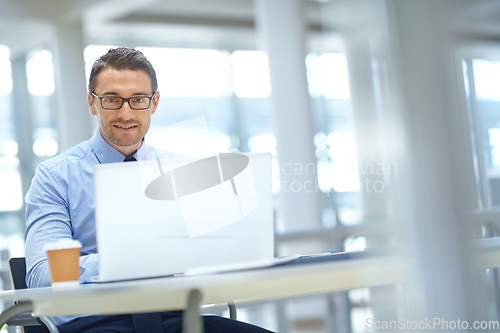 Image of Laptop, corporate or business man planning for invest strategy, finance growth or financial success. CEO, tech or manager portrait in office networking, data analysis or economy data analytics review