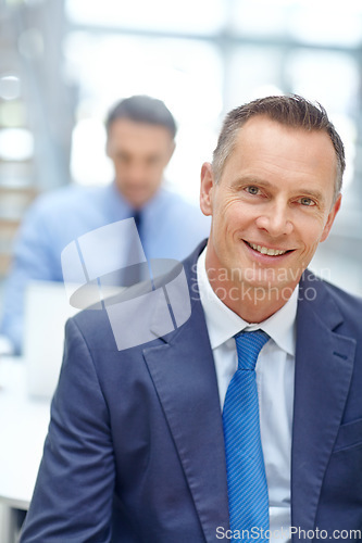 Image of Ceo, office portrait or happy businessman, manager or leader working in trading, stock market or investment firm. Financial economy, bitcoin mining and coworking crypto trader or finance broker smile