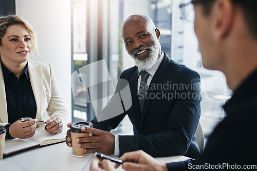 Image of Meeting, discussion and black man leader talking to his colleagues at a business team analysis. Teamwork, diversity and African male manager speaking to coworkers about report, project and proposal.