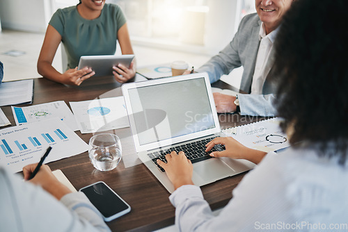 Image of Laptop, teamwork and business people with documents in meeting. Mockup, planning and collaboration of group with statistics, analytics and graphs for sales targets, advertising or marketing strategy.