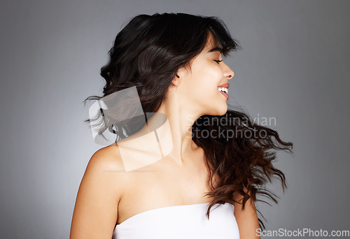 Image of Face profile, beauty and hair care of woman in studio on a gray background mockup. Skincare, makeup cosmetics and happy female model with long, beautiful and healthy hair after luxury salon treatment