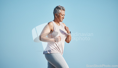 Image of Fitness, nature and senior woman running for health, wellness and exercise in Puerto Rico. Sports, runner and elderly female athlete doing an outdoor cardio workout training for a marathon or race.