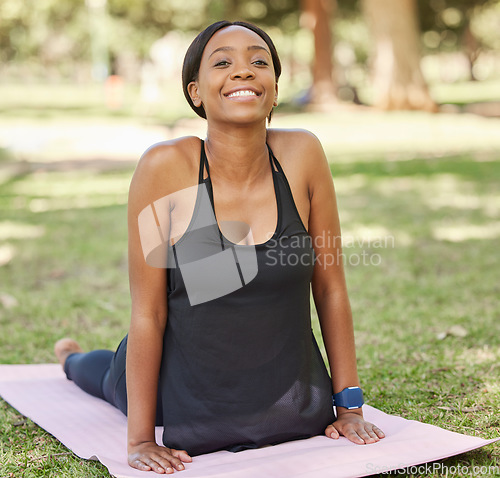 Image of Cobra stretching, woman and portrait in park for exercise, workout and relax training in nature. Happy black girl, yoga and flexible body fitness in garden of wellness, healthy goals and zen energy