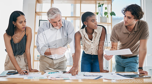 Image of Business people, project management and documents, collaboration of ideas and brainstorming, team and paperwork. Marketing strategy, professional diversity and business meeting at marketing agency.