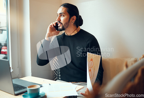 Image of Home office, documents and phone call, freelancer man at desk consulting on smartphone with financial report. Freelance advisory work, businessman on phone and remote consulting financial advisor.
