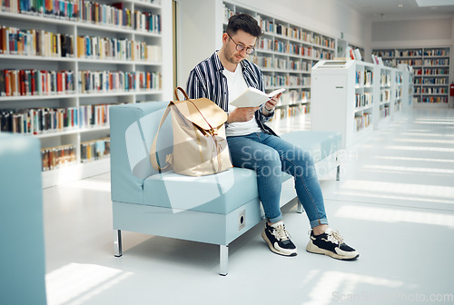 Image of Library, reading and man with book on sofa for education, studying and academic research. University, scholarship and male student on couch for learning, hobby and knowledge in college bookstore