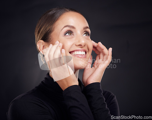 Image of Face, beauty skincare and woman in studio isolated on a dark background mock up. Thinking, makeup and cosmetics of female model with healthy and glowing skin after spa facial treatment for wellness.