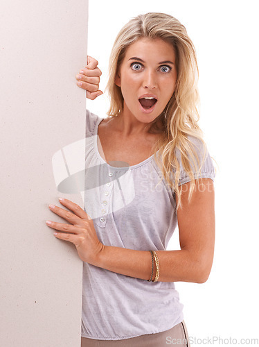 Image of Mockup portrait, surprise or woman with poster, placard or billboard for sales advertising marketing. Studio sign, banner space and model girl shocked over discount promotion deal on white background