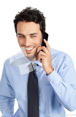 Image of Phone call, studio and happy businessman with communication, negotiation and networking strategy. Happy professional man using phone or smartphone for career feedback, job review or talking to client