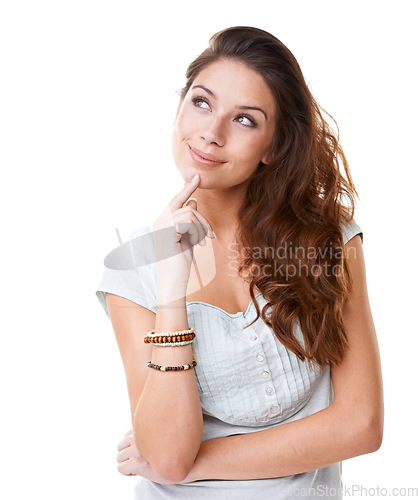 Image of Thinking, mockup and smile with woman and idea for question, product and deal choice. Why, solution and sale with girl model wondering for beauty, decision and planning in white background studio