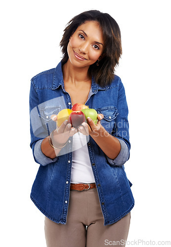 Image of Portrait, fruits or black woman with an orange or apple in studio on white background for healthcare or vegan diet. Smile, wellness or healthy African girl model happy with organic food or vitamin c