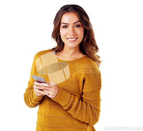 Image of Portrait of woman with phone, smile and typing message or email isolated on white background. Communication, technology and networking social media, influencer or happy woman with smartphone in hands