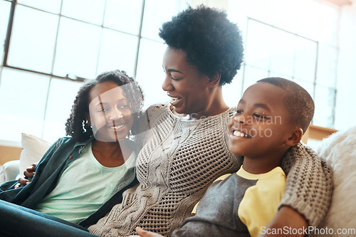 Image of Love, mother and children relax sofa for happy family time together in apartment in South Africa on weekend. Smile trust and support, black woman and kids sitting on couch with healthy relationship.