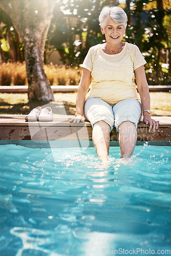 Image of Summer, senior woman and feet in swimming pool, relax and on weekend break, happiness and calm. Stress relief, mature female and lady legs in water, holiday and vacation with retirement and sunshine