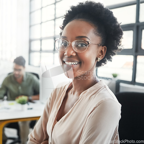 Image of Business woman, smile and portrait of happy creative employee ready for office work. Young, web design worker and happiness of a professional black woman in a working agency workplace with team