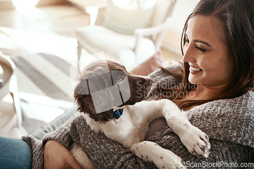 Image of Puppy, happy and woman at home on a living room couch with animal bonding with care. Pet love, dog and person with happiness at home with a smile from dogs on a lounge sofa together feeling calm