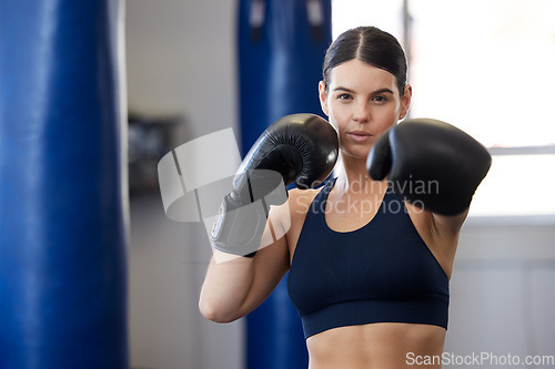 Image of Fitness, kickboxing and portrait of woman athlete doing a cardio workout while training for a match. Sports, exercise and female boxer getting ready for a fight in sport, wellness and health gym.