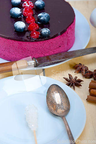 Image of blueberry and raspberry cake mousse dessert