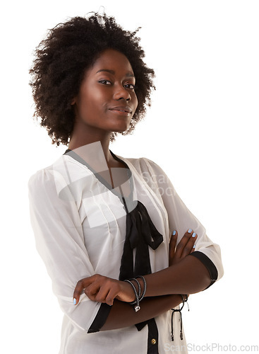 Image of Black woman, happy and model portrait of a person with arms folded feeling confident. White background, vertical and isolated woman with natural afro hair and business casual fashion with mockup