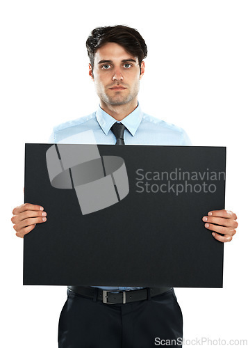 Image of Placard mockup, studio and portrait of businessman with marketing poster, advertising banner or product placement space. Billboard paper mock up, promotion sign and sales model on white background
