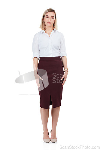 Image of Woman, corporate portrait and studio with confidence, vision or career goals by white background. Isolated young business leader, workplace fashion or serious for mission, entrepreneurship or success