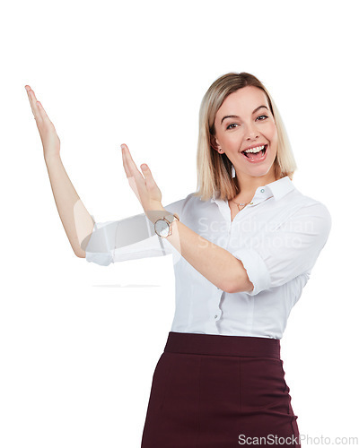 Image of Advertising, promotion and woman on a white background with hand for deal, discount and display sign. Mockup, presenting and isolated girl with gesture for showing, information and product placement